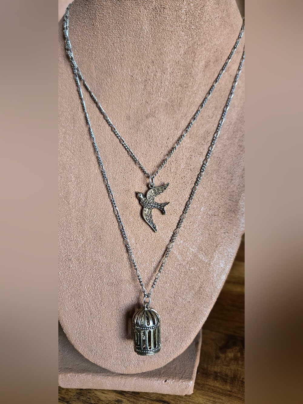 Silver Bird and Birdcage Layered Necklace - Silver Tone